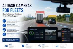 Fleet graphic promoting AI dash cameras for safer driving on highway with dashboard screens and indicators showing alerts and data.