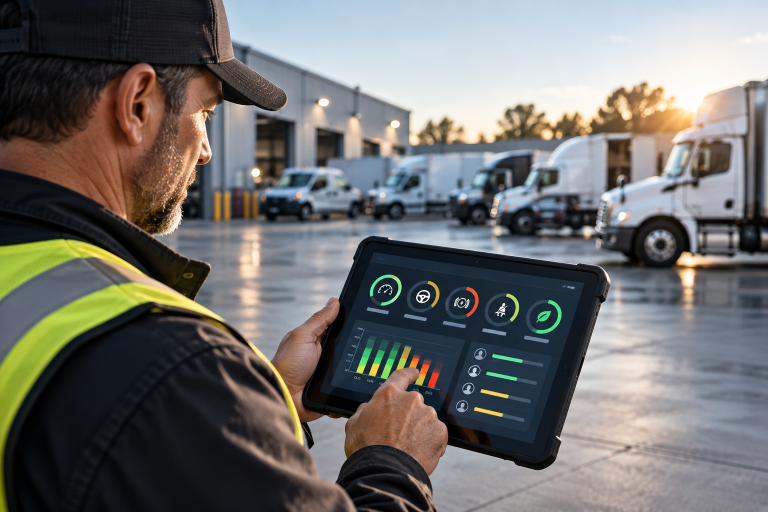 fleet-driver-scorecard-safety-performance - EnVue Telematics Worker in a high-visibility vest uses a tablet showing fleet dashboards near loading docks and trucks.